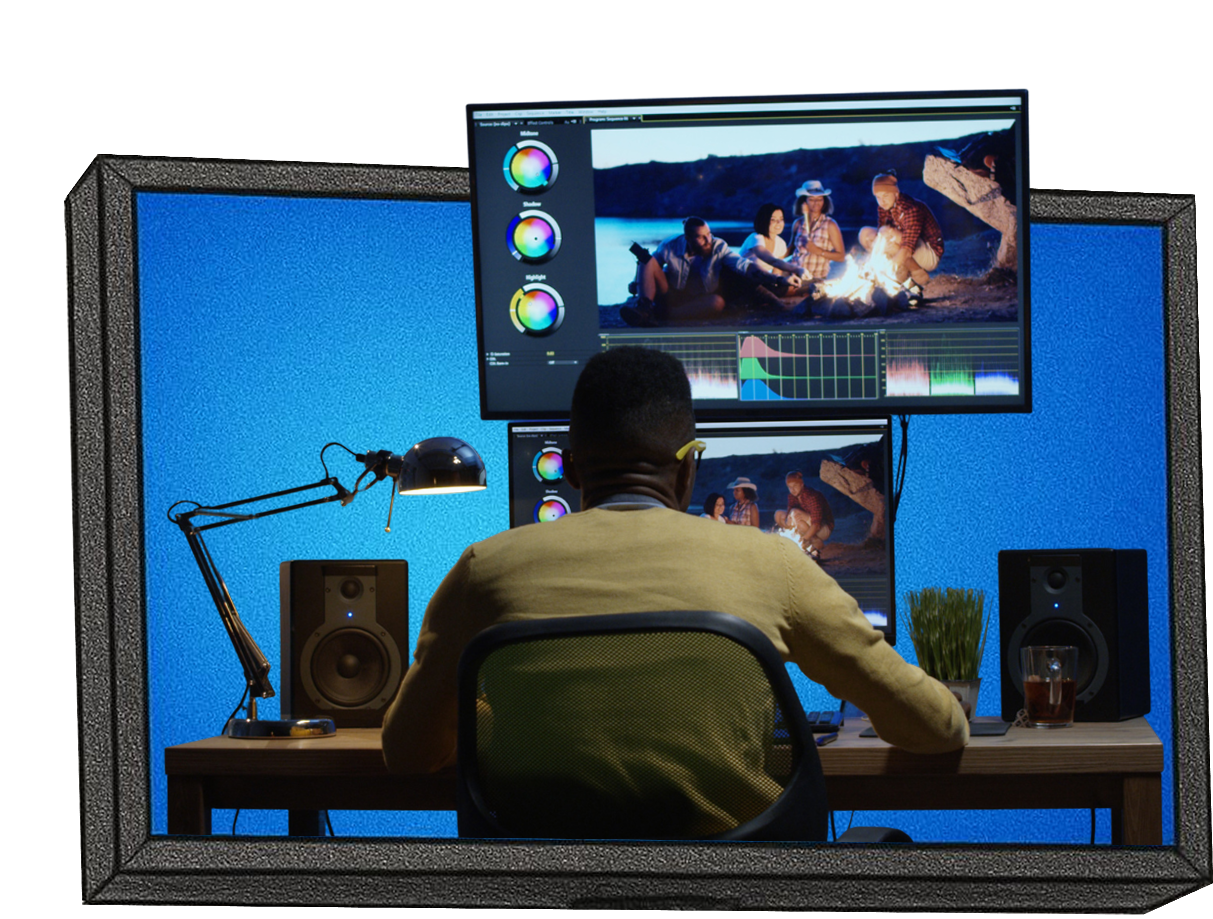 Professional video editing workspace with multiple monitors